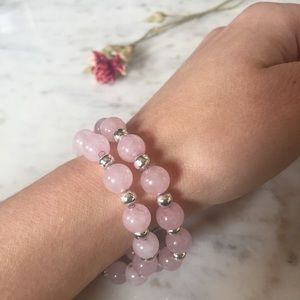 Two pink rose quartz colored silver bead bracelets